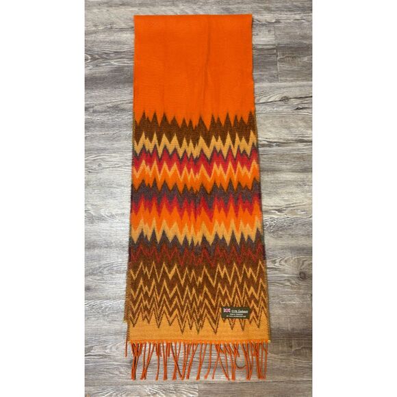 Made in Scotland 100% Cashmere Scarf Orange Green Red Chevron Fringe 64"x12" - Picture 3 of 7